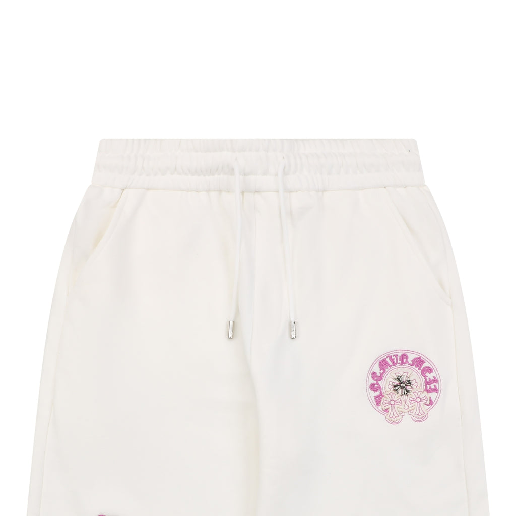 Chrome Hearts Sanskrit Cross Embroidered Shorts – Cream / Pink-Purple