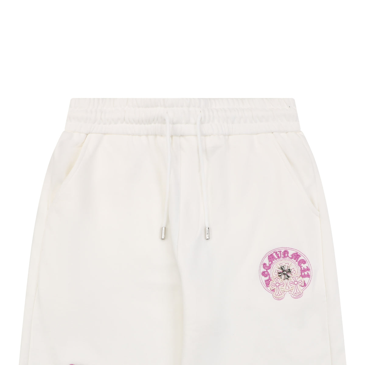 Chrome Hearts Sanskrit Cross Embroidered Shorts – Cream / Pink-Purple