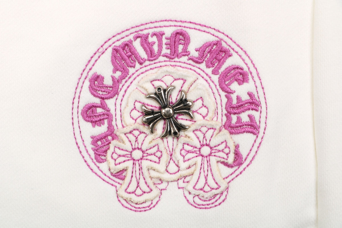 Chrome Hearts Sanskrit Cross Embroidered Shorts – Cream / Pink-Purple