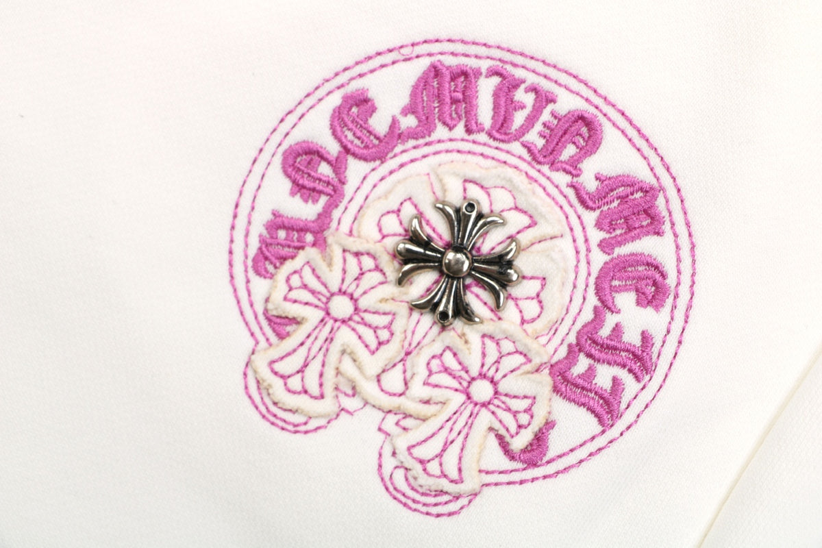 Chrome Hearts Sanskrit Cross Embroidered Shorts – Cream / Pink-Purple