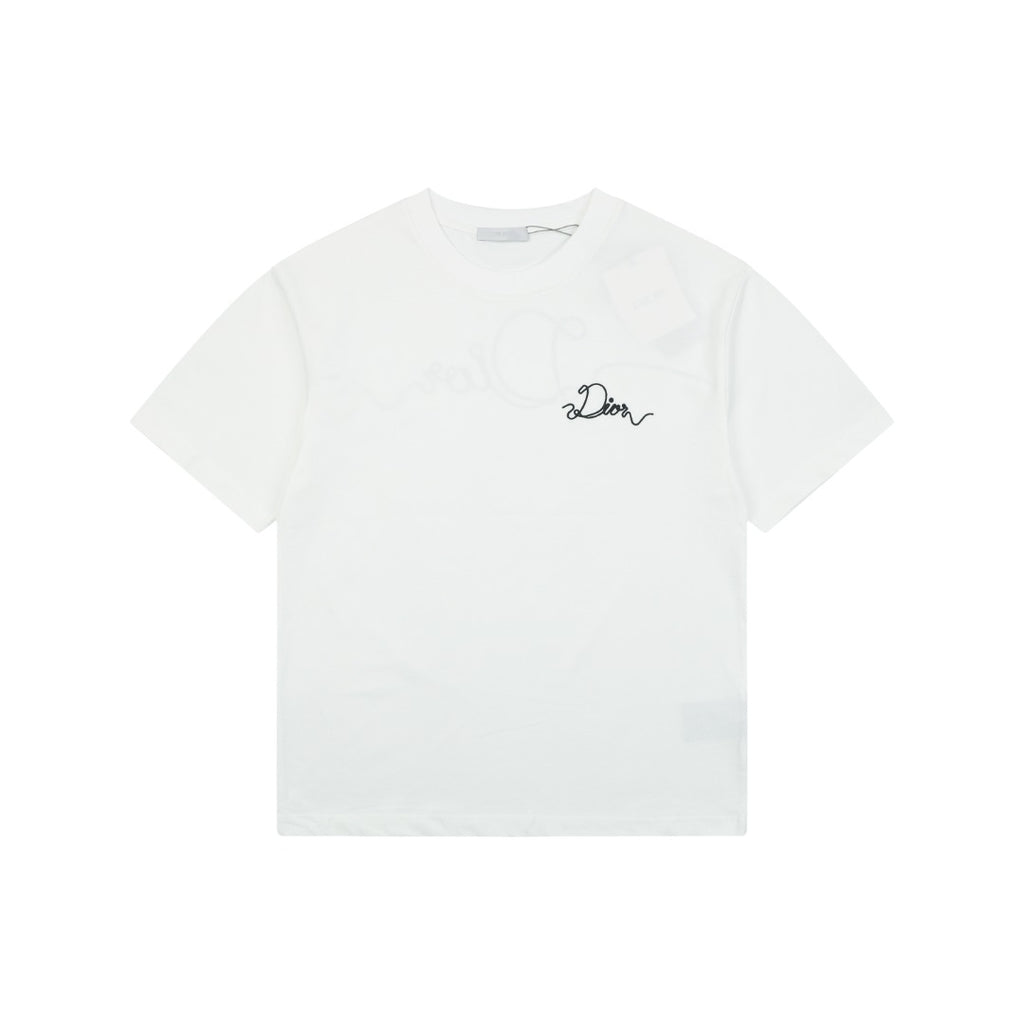 Dior Front & Back Signature Script Embroidered Short Sleeve Tee – White