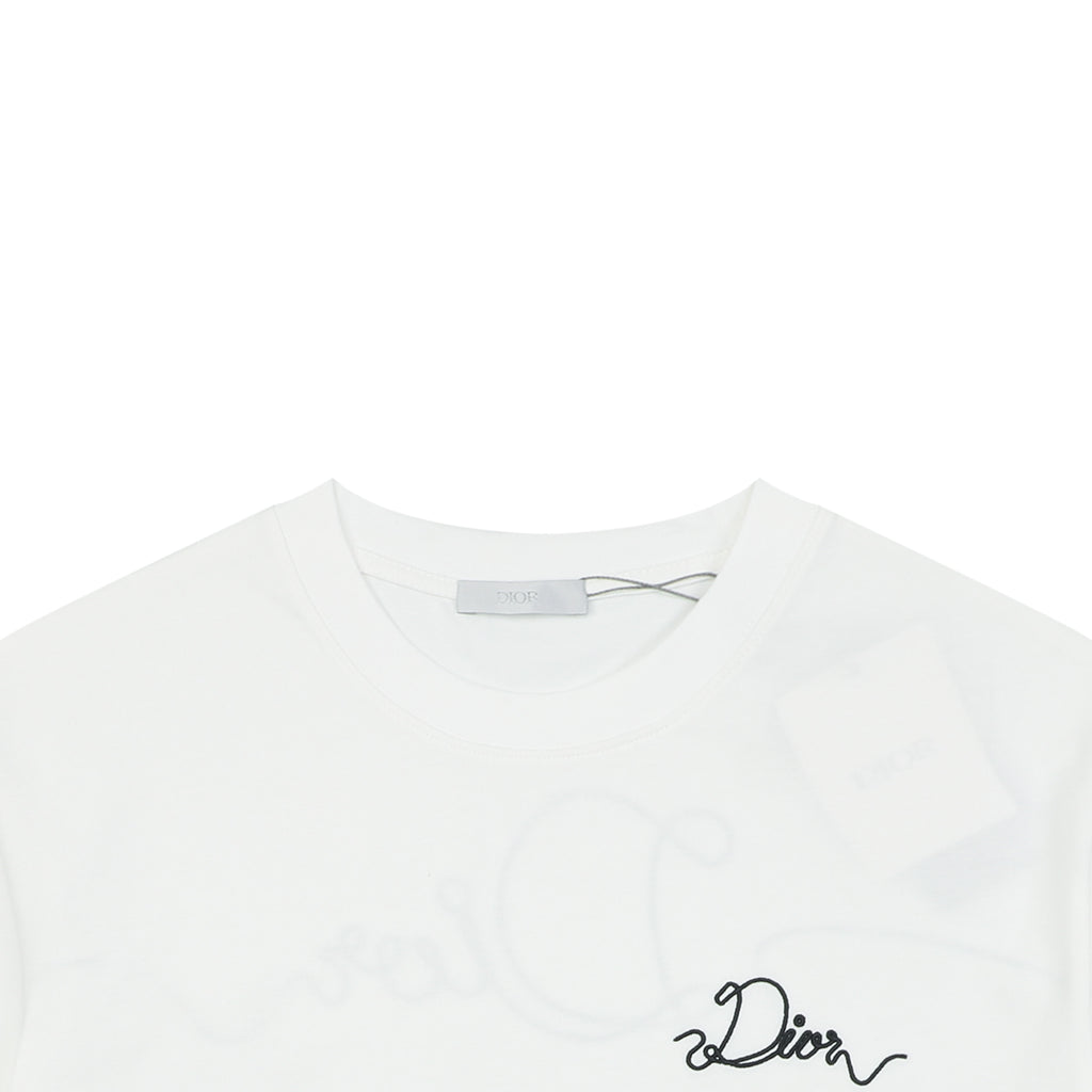 Dior Front & Back Signature Script Embroidered Short Sleeve Tee – White
