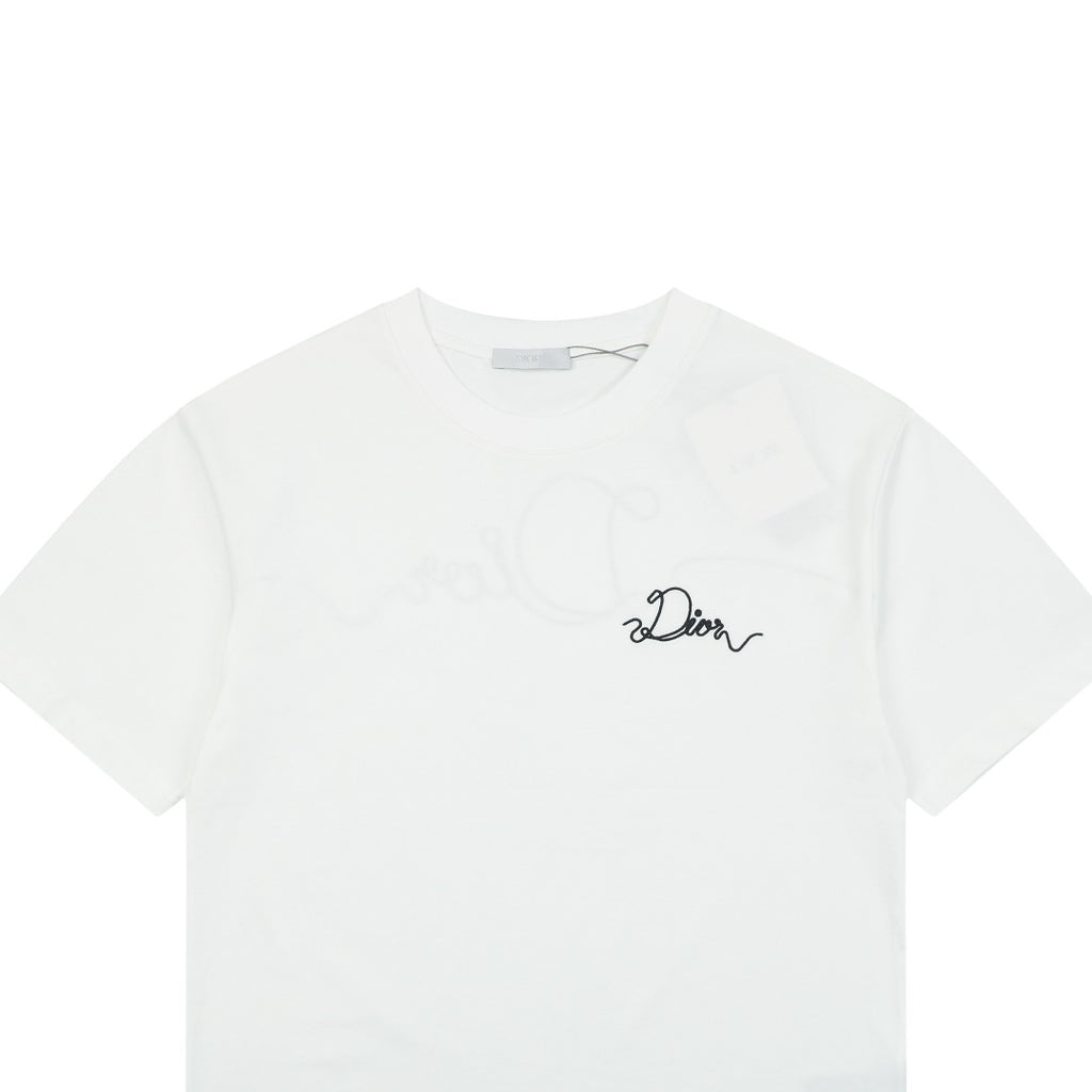 Dior Front & Back Signature Script Embroidered Short Sleeve Tee – White