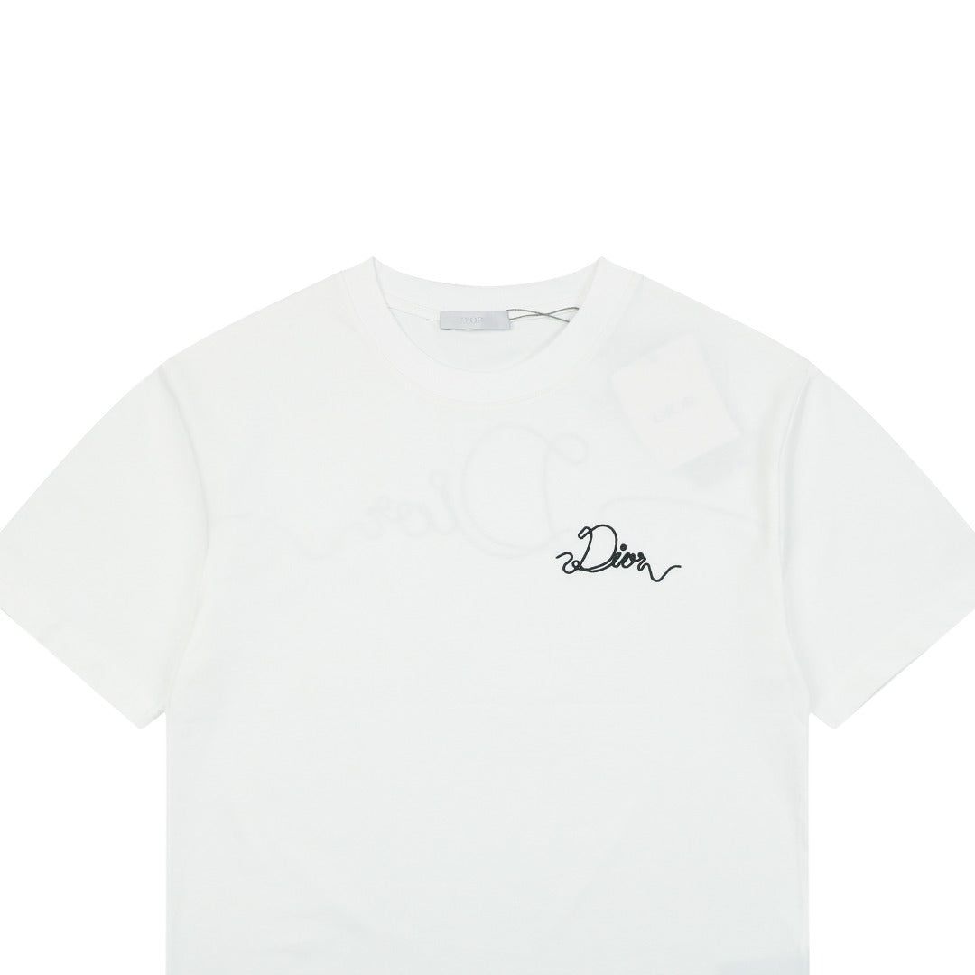 Dior Front & Back Signature Script Embroidered Short Sleeve Tee – White