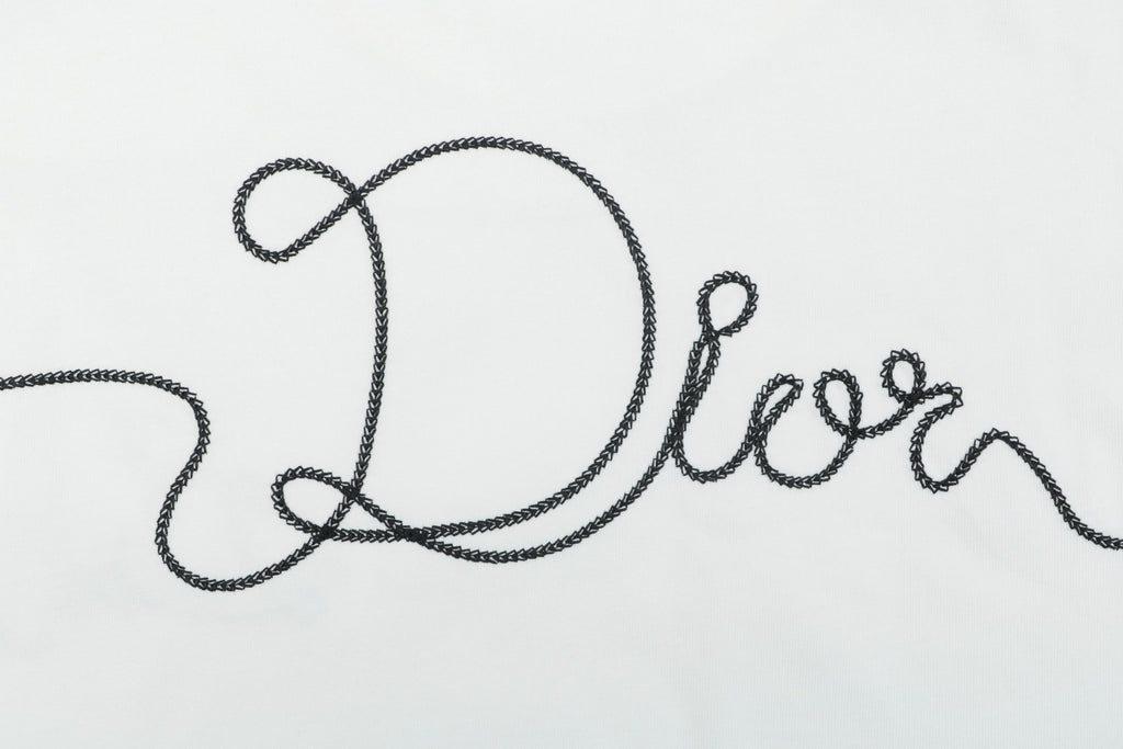 Dior Front & Back Signature Script Embroidered Short Sleeve Tee – White
