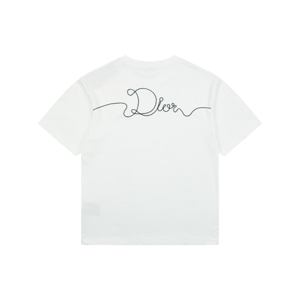 Dior Front & Back Signature Script Embroidered Short Sleeve Tee – White
