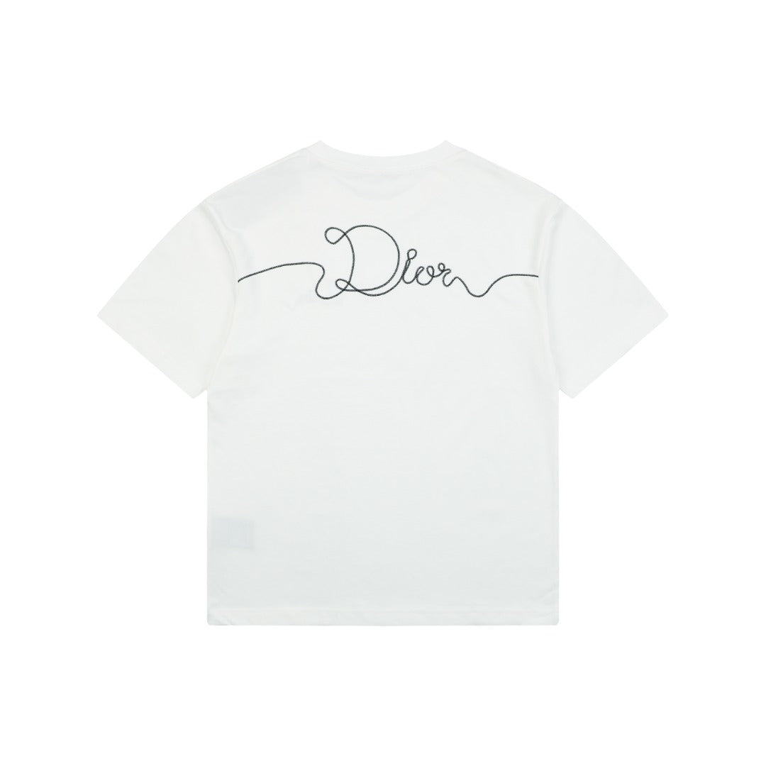 Dior Front & Back Signature Script Embroidered Short Sleeve Tee – White