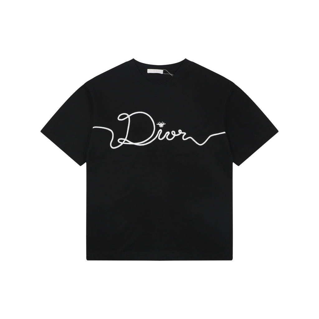 Dior Oversized Bee Signature Script Embroidered Short Sleeve Tee – Black