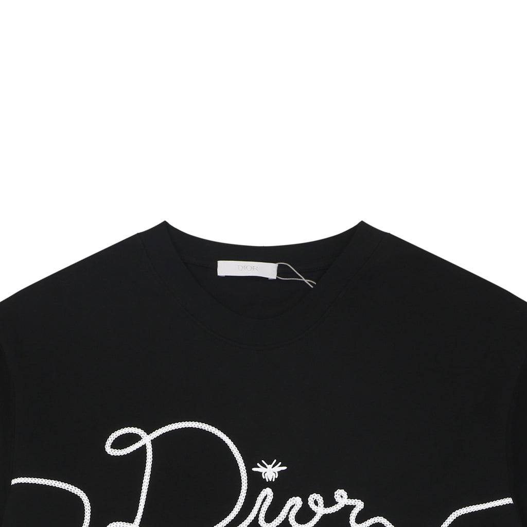 Dior Oversized Bee Signature Script Embroidered Short Sleeve Tee – Black