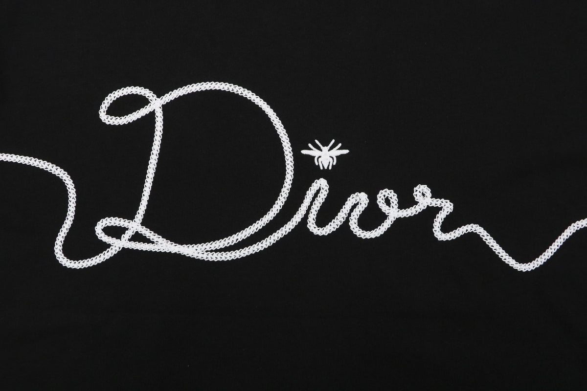 Dior Oversized Bee Signature Script Embroidered Short Sleeve Tee – Black