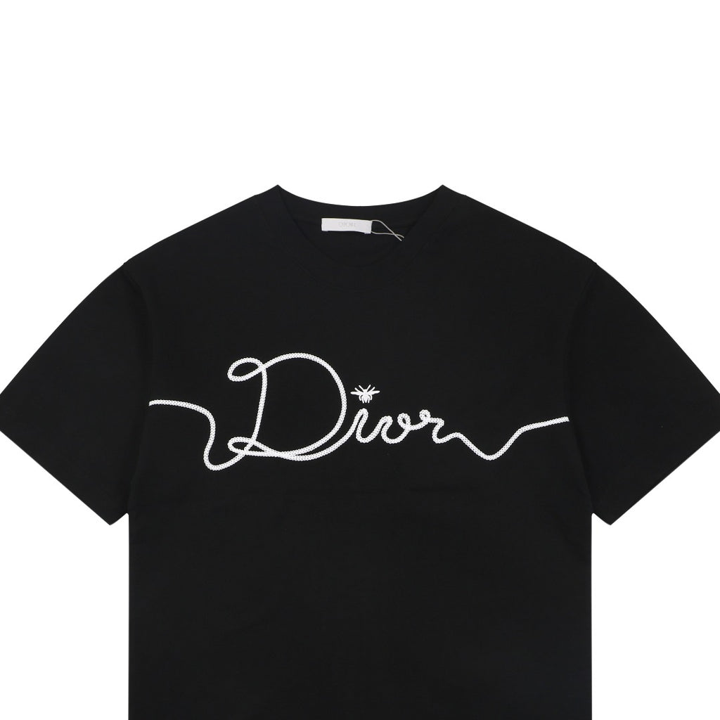 Dior Oversized Bee Signature Script Embroidered Short Sleeve Tee – Black