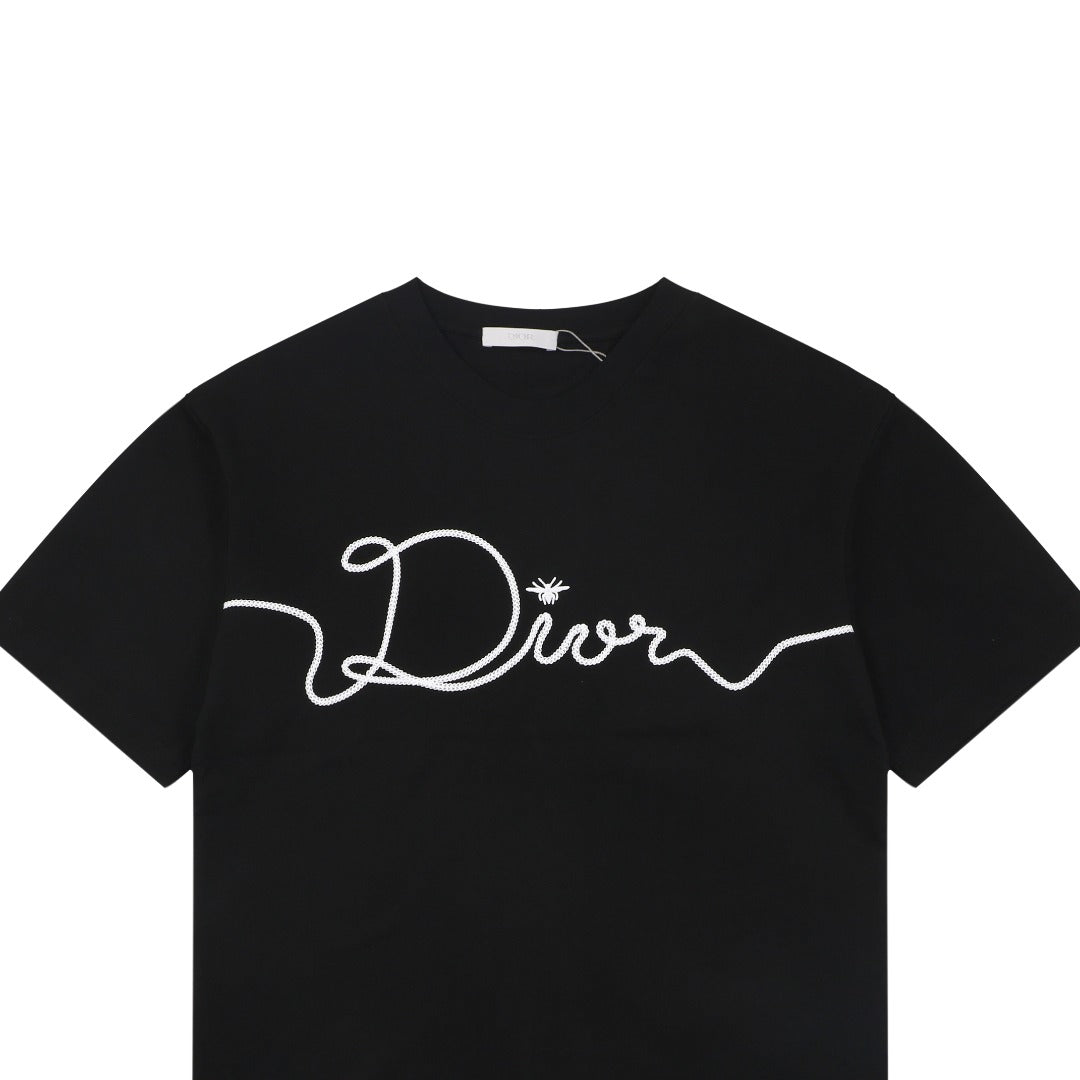 Dior Oversized Bee Signature Script Embroidered Short Sleeve Tee – Black