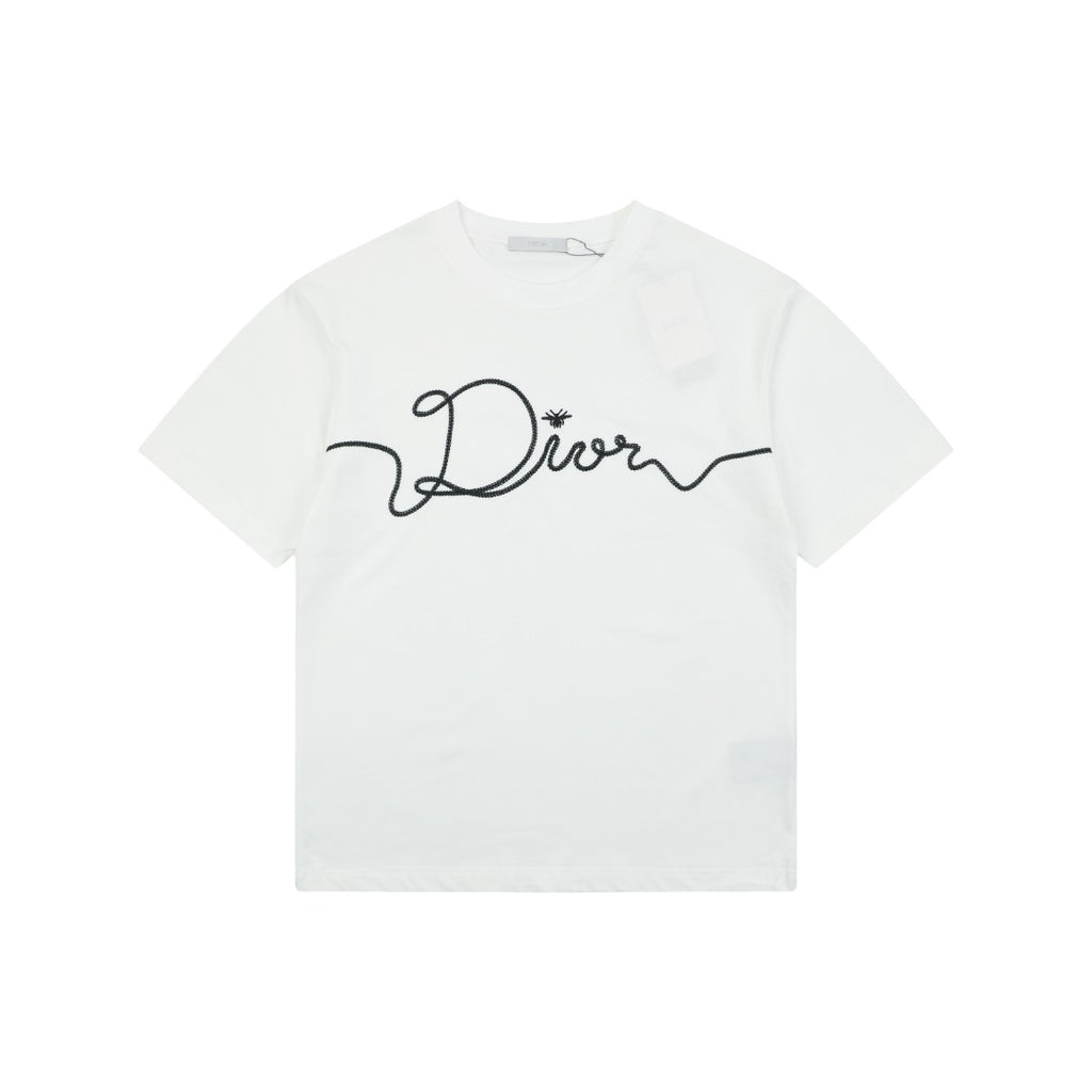 Dior Oversized Bee Signature Script Embroidered Short Sleeve Tee – White