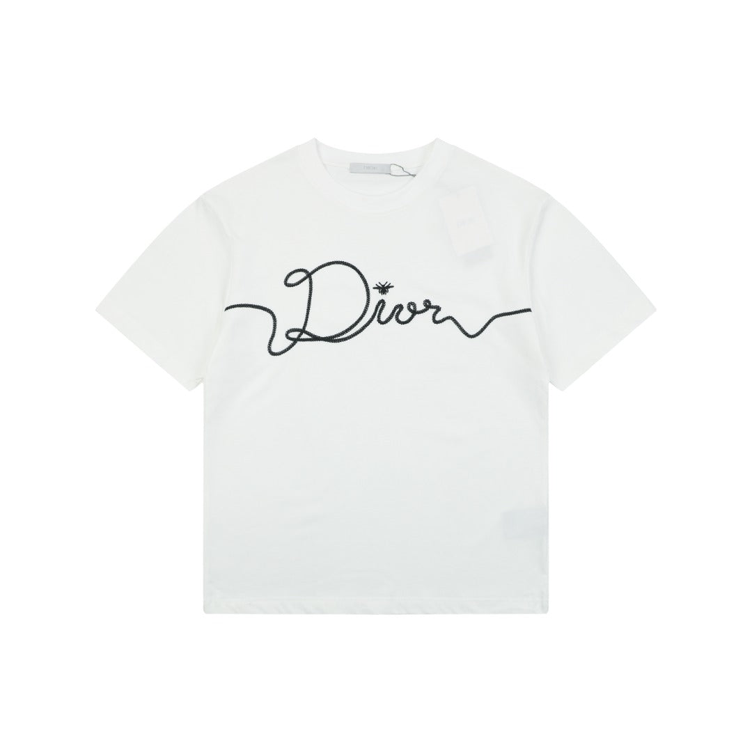 Dior Oversized Bee Signature Script Embroidered Short Sleeve Tee – White