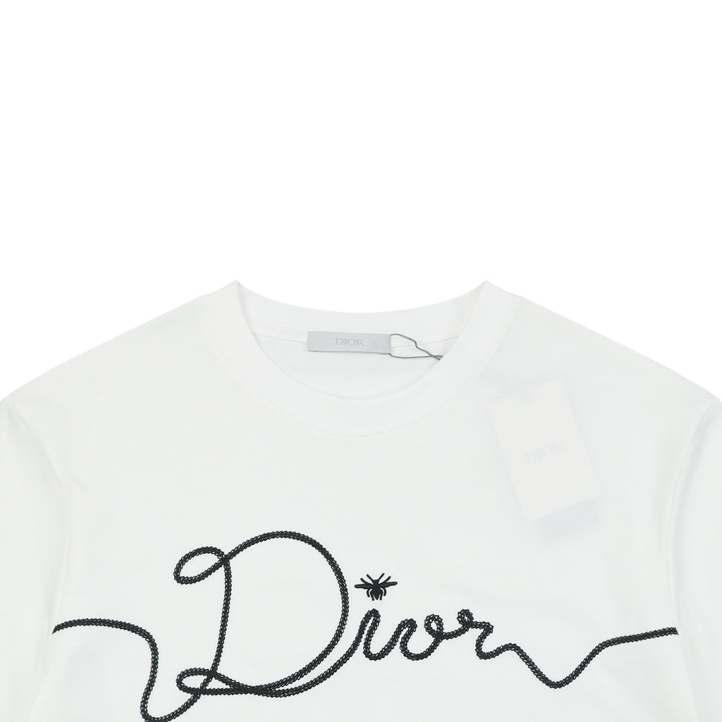 Dior Oversized Bee Signature Script Embroidered Short Sleeve Tee – White