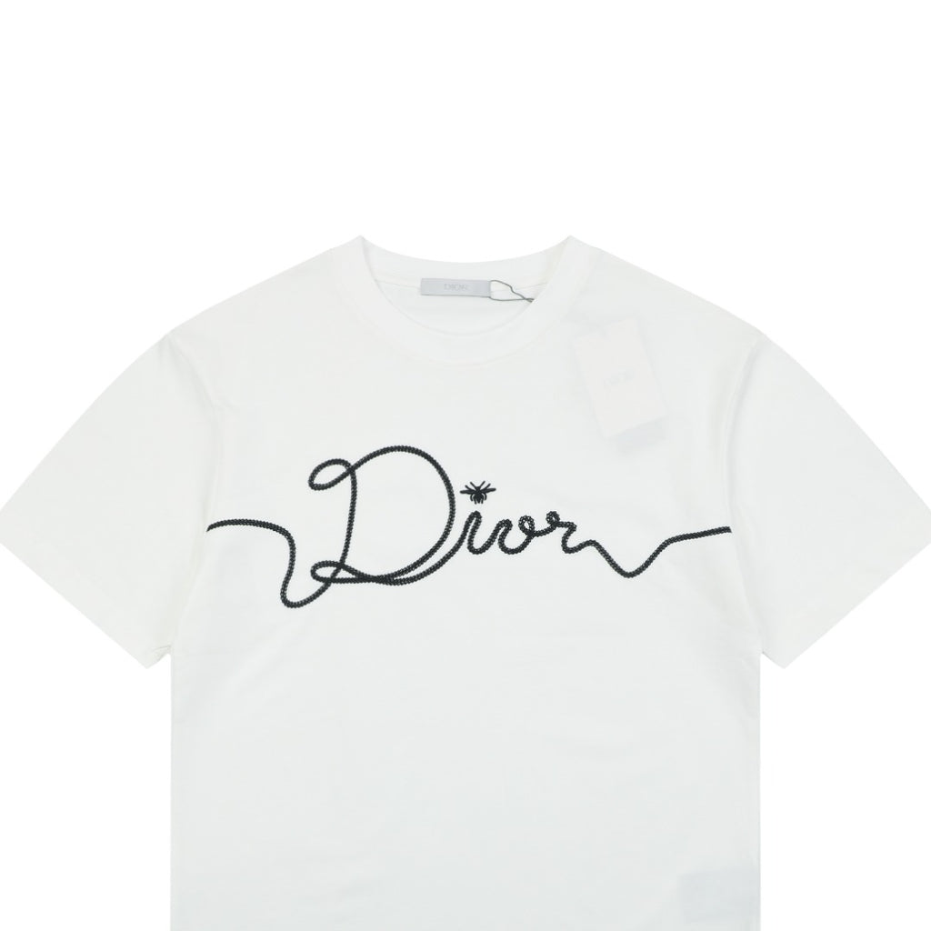 Dior Oversized Bee Signature Script Embroidered Short Sleeve Tee – White