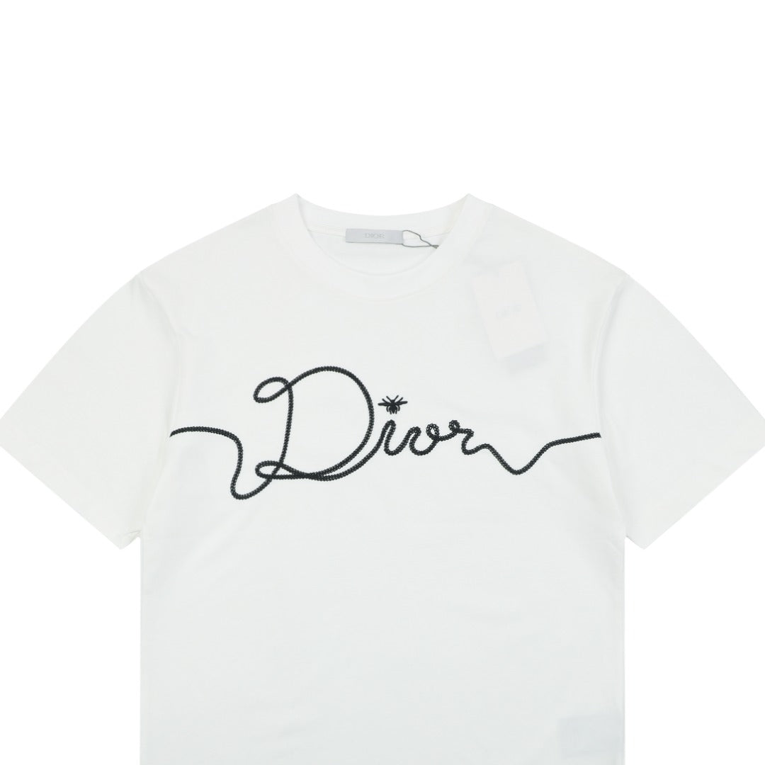 Dior Oversized Bee Signature Script Embroidered Short Sleeve Tee – White