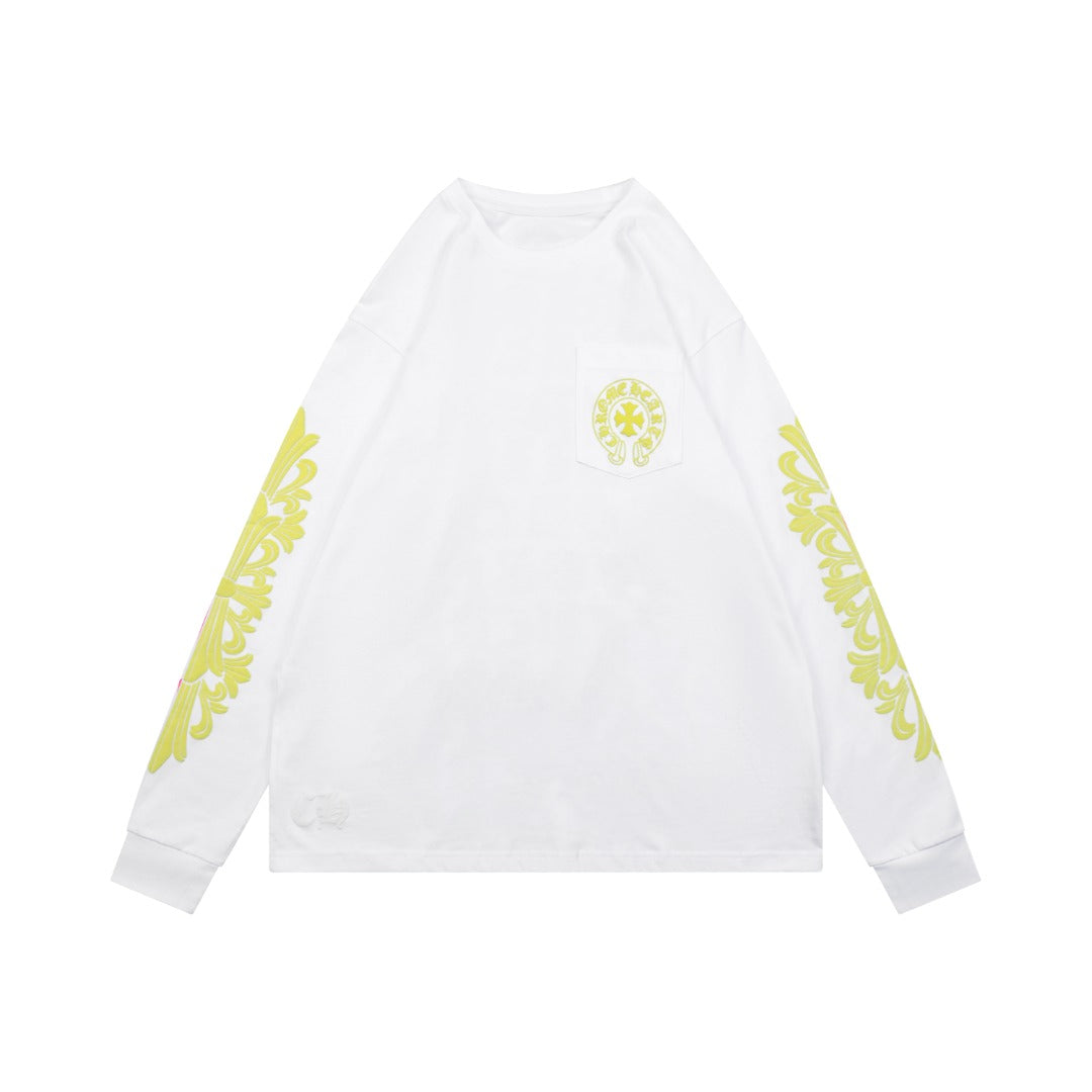 Chrome Hearts Cross Floral Sleeve & Back Sanskrit Print Long Sleeve Tee – White/Yellow