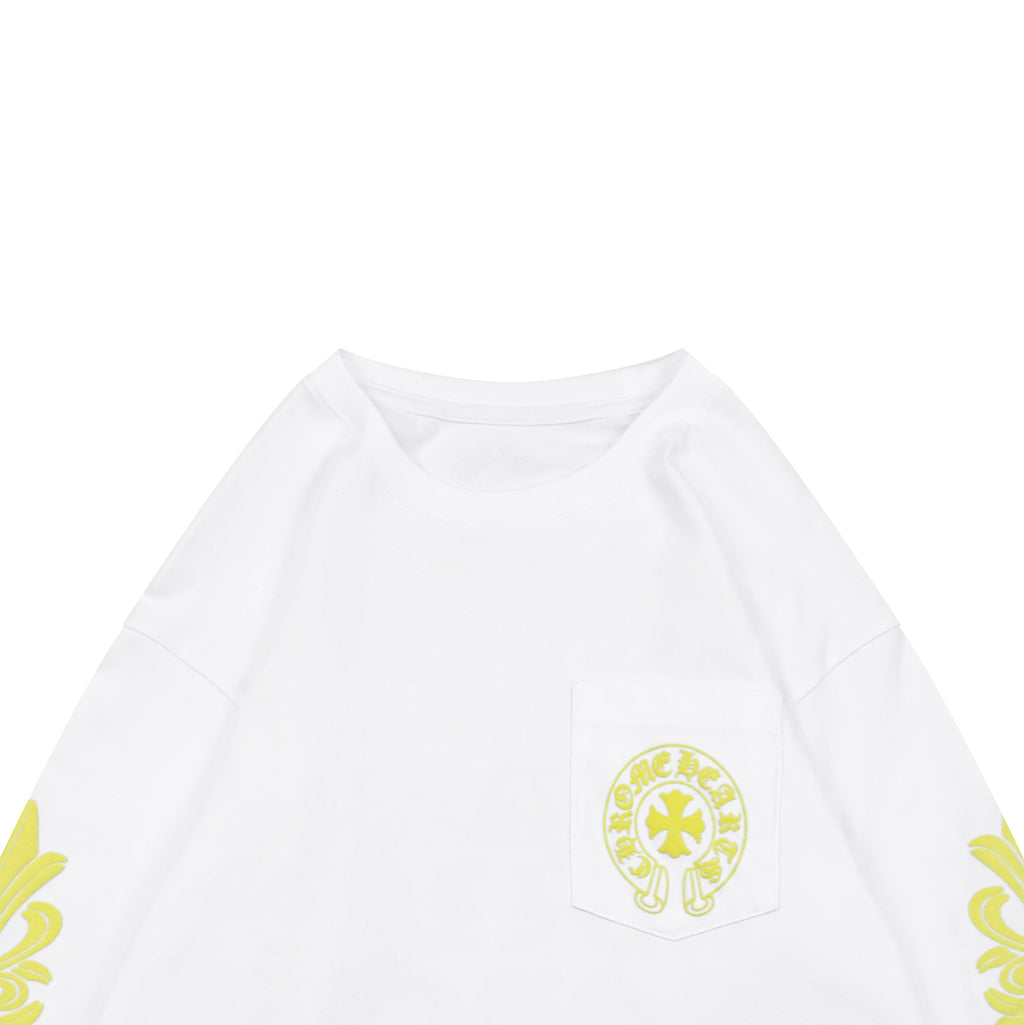 Chrome Hearts Cross Floral Sleeve & Back Sanskrit Print Long Sleeve Tee – White/Yellow