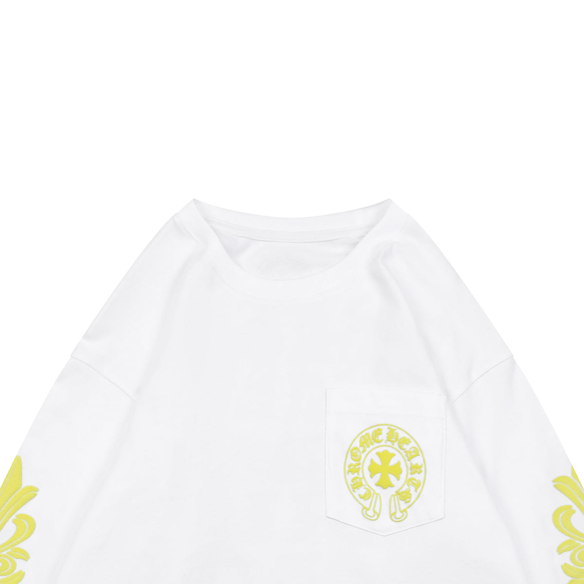 Chrome Hearts Cross Floral Sleeve & Back Sanskrit Print Long Sleeve Tee – White/Yellow