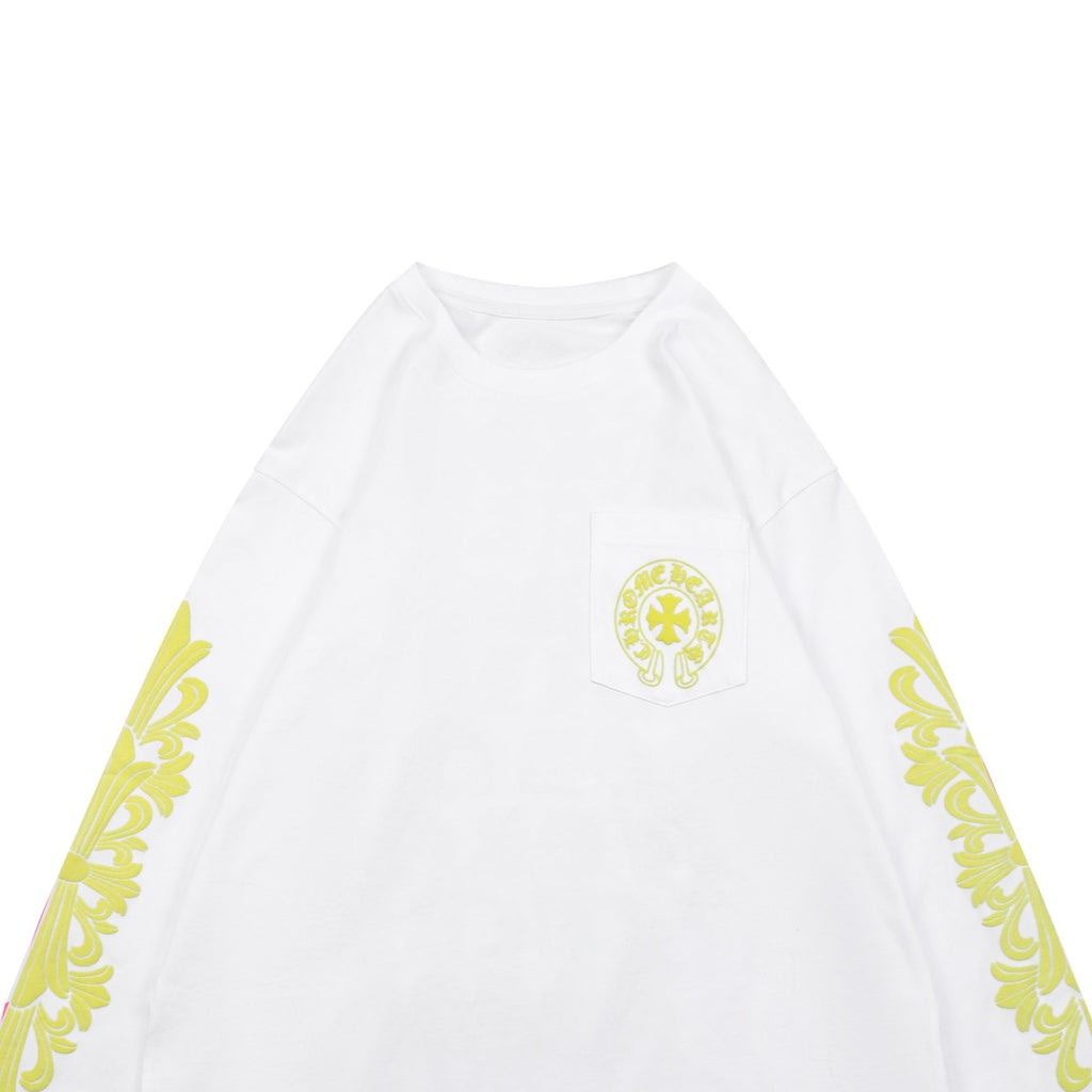 Chrome Hearts Cross Floral Sleeve & Back Sanskrit Print Long Sleeve Tee – White/Yellow
