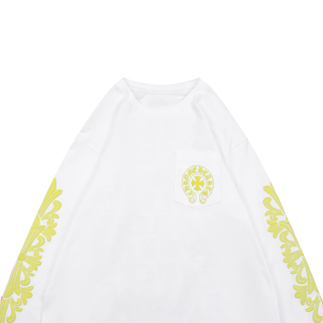 Chrome Hearts Cross Floral Sleeve & Back Sanskrit Print Long Sleeve Tee – White/Yellow