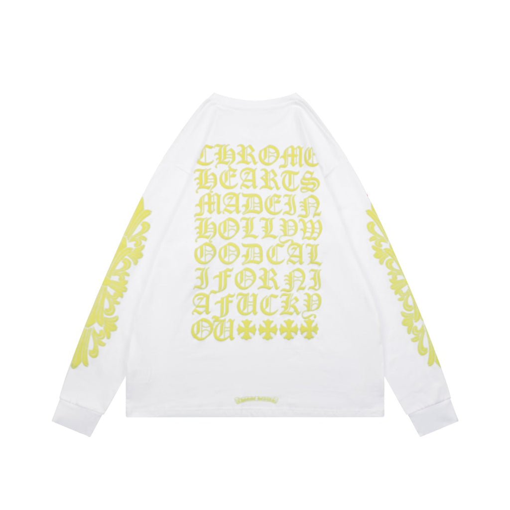 Chrome Hearts Cross Floral Sleeve & Back Sanskrit Print Long Sleeve Tee – White/Yellow
