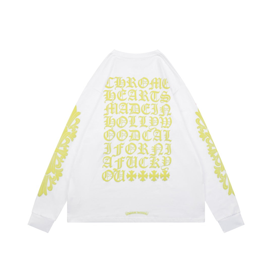 Chrome Hearts Cross Floral Sleeve & Back Sanskrit Print Long Sleeve Tee – White/Yellow