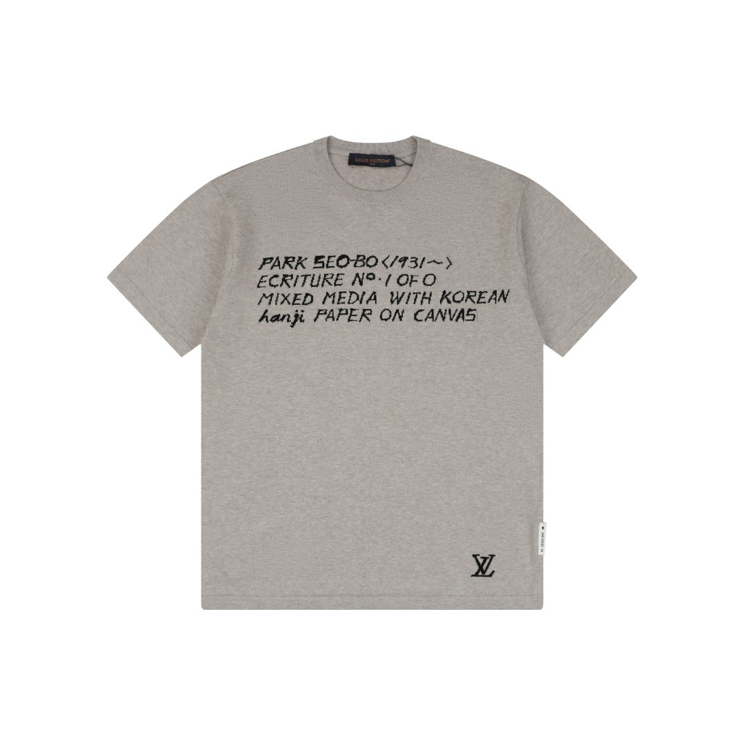 Louis Vuitton LV x Park Seo-Bo Ecriture Looped Script Letter Jacquard Short Sleeve Tee – Grey