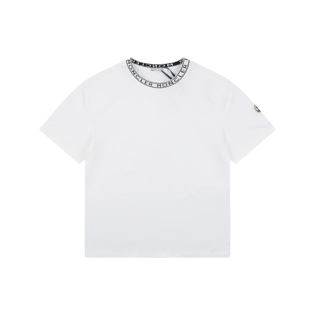 Moncler Logo Ribbed Crew Neck Letter Trim Short Sleeve Tee – White