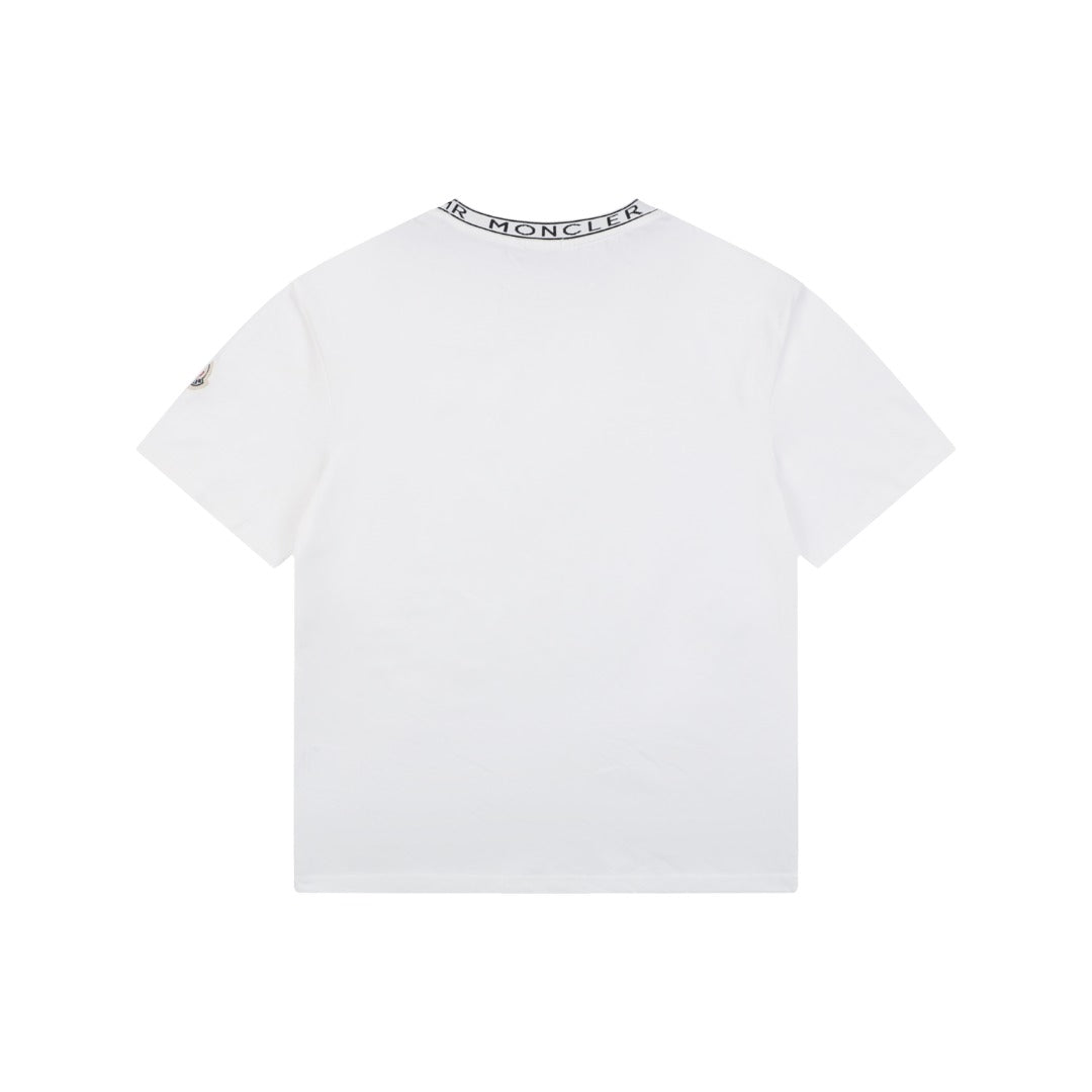 Moncler Logo Ribbed Crew Neck Letter Trim Short Sleeve Tee – White