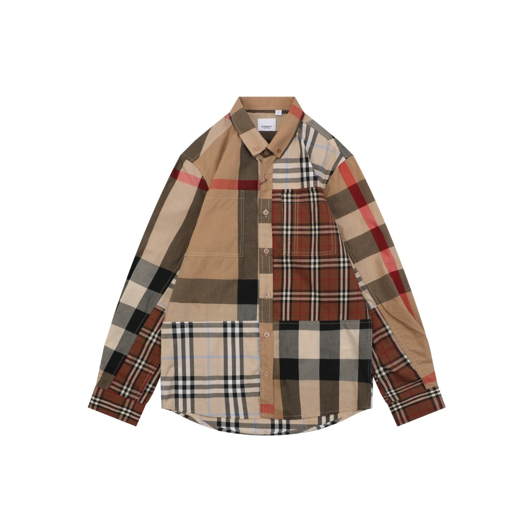 Burberry Vintage Check Patchwork Panelled Long Sleeve Shirt – Camel Multi