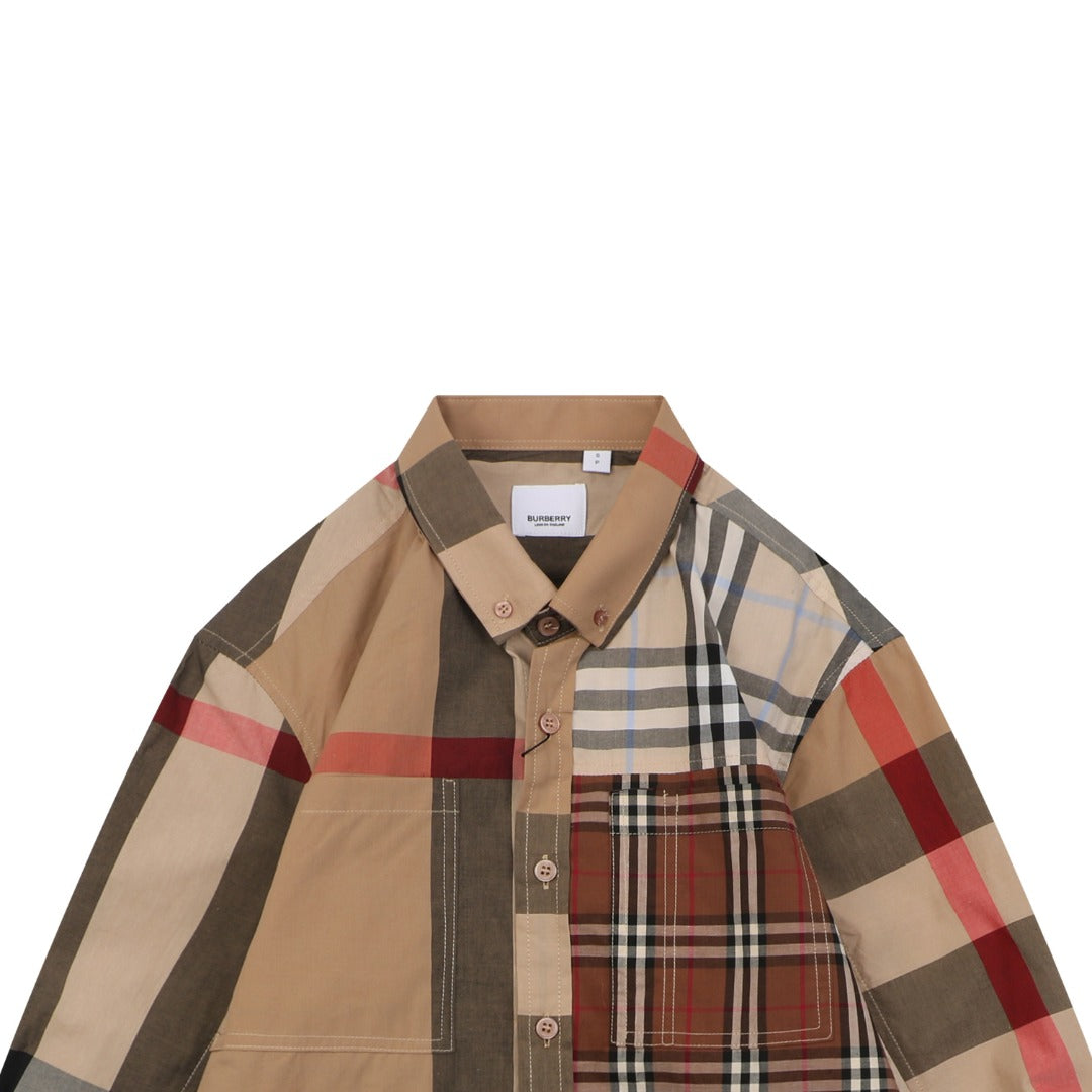 Burberry Vintage Check Patchwork Panelled Long Sleeve Shirt – Camel Multi