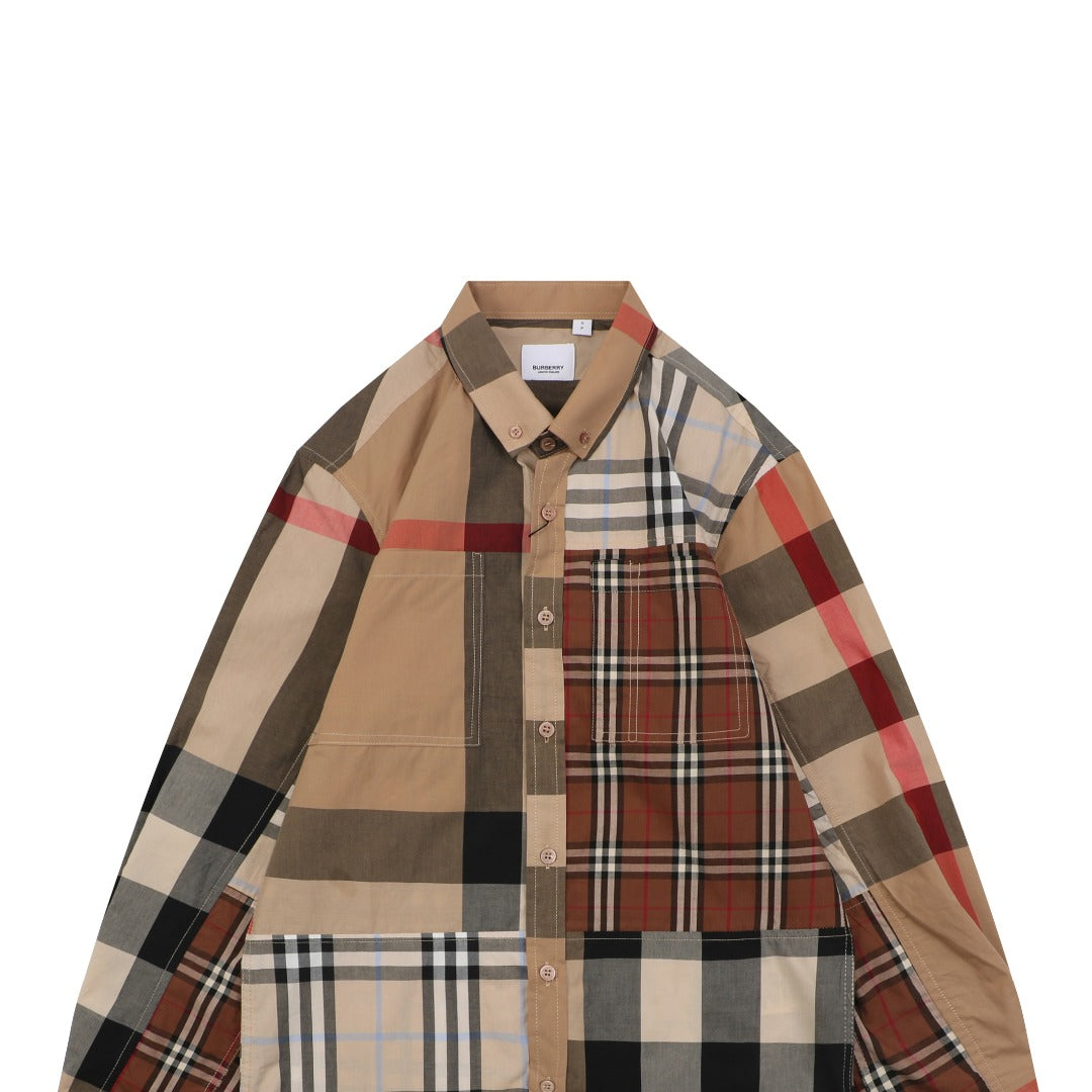 Burberry Vintage Check Patchwork Panelled Long Sleeve Shirt – Camel Multi