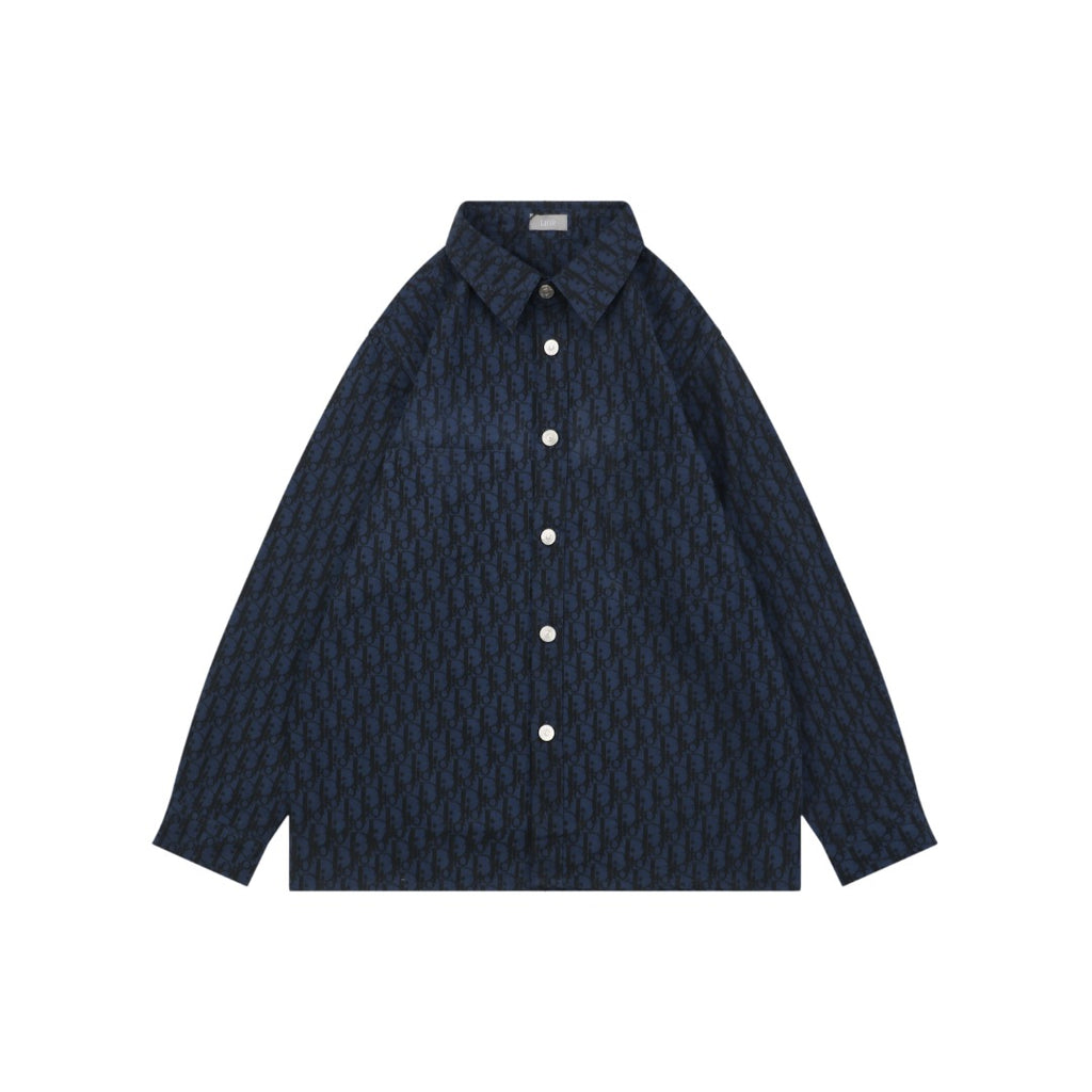 Dior 22SS Tonal Dior Oblique Jacquard Long Sleeve Button Shirt Navy
