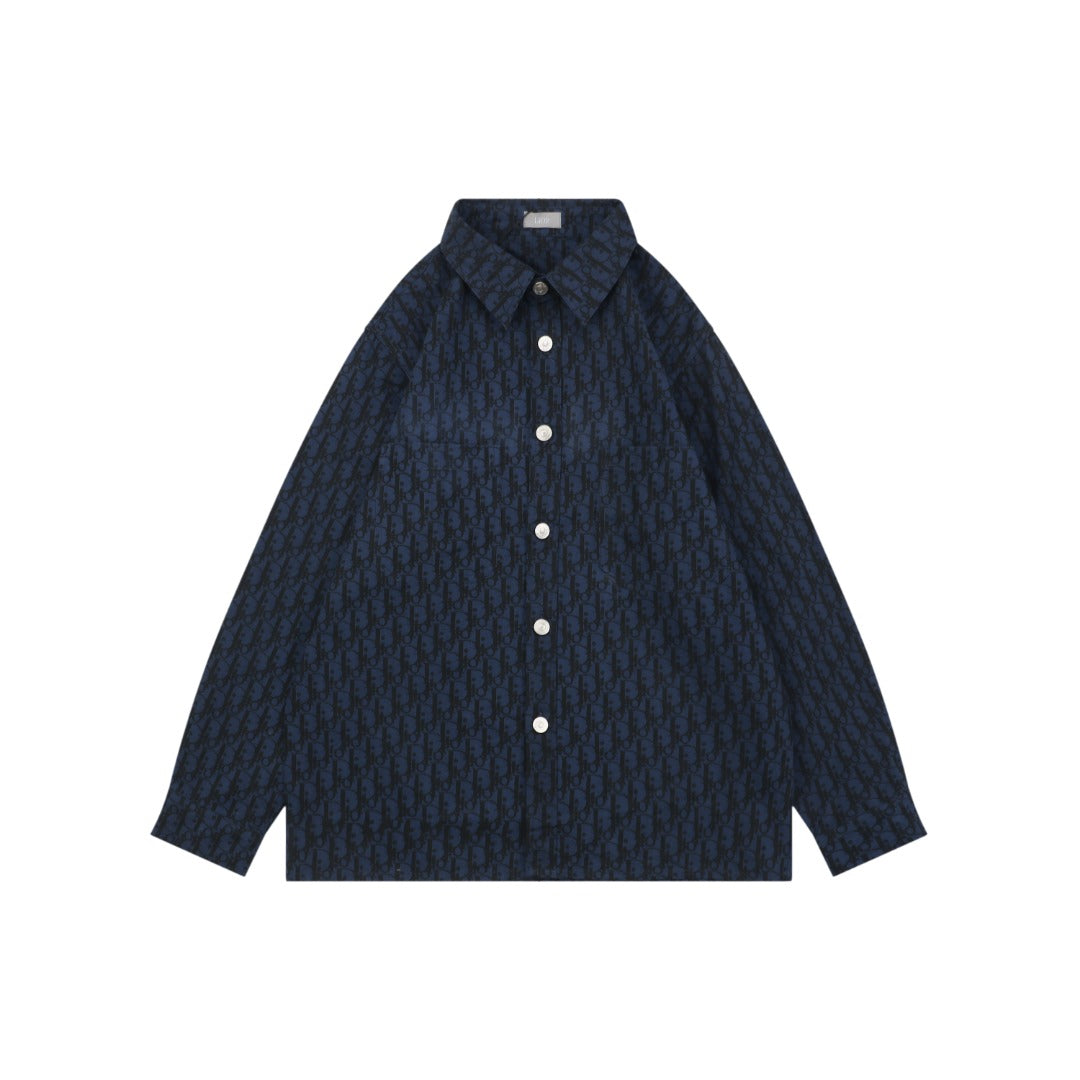 Dior 22SS Tonal Dior Oblique Jacquard Long Sleeve Button Shirt Navy