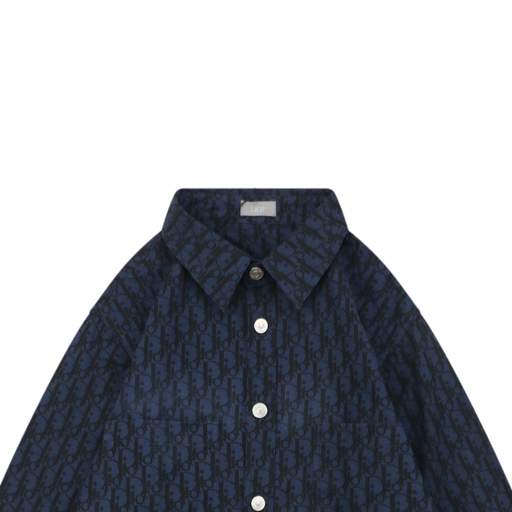 Dior 22SS Tonal Dior Oblique Jacquard Long Sleeve Button Shirt Navy