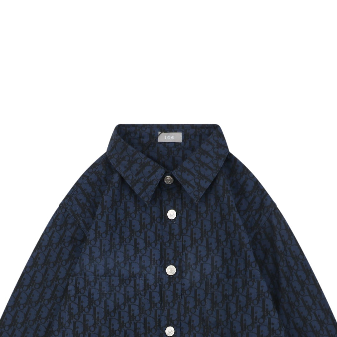 Dior 22SS Tonal Dior Oblique Jacquard Long Sleeve Button Shirt Navy