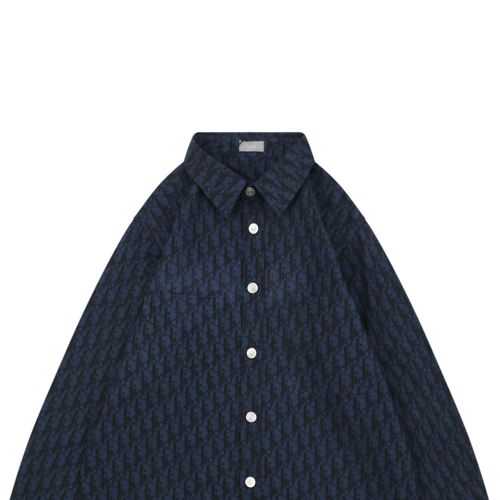 Dior 22SS Tonal Dior Oblique Jacquard Long Sleeve Button Shirt Navy