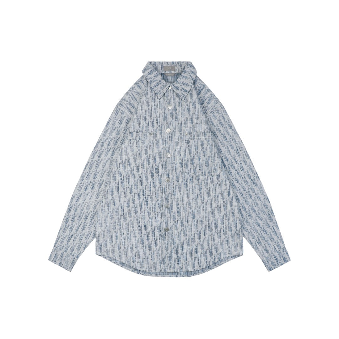 Dior x Stüssy 22FW Tonal Oblique Monogram Jacquard Long Sleeve Button Shirt Light Blue