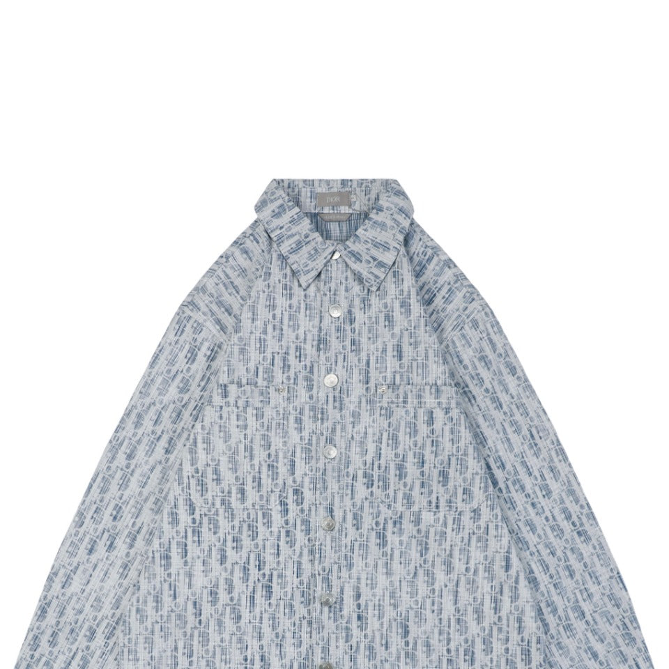 Dior x Stüssy 22FW Tonal Oblique Monogram Jacquard Long Sleeve Button Shirt Light Blue