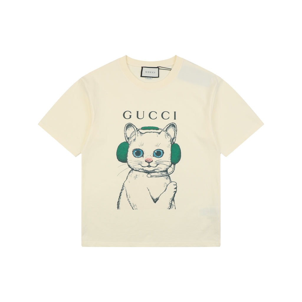 Gucci Green Headphone Cat Graphic Print Short Sleeve Tee Cream
