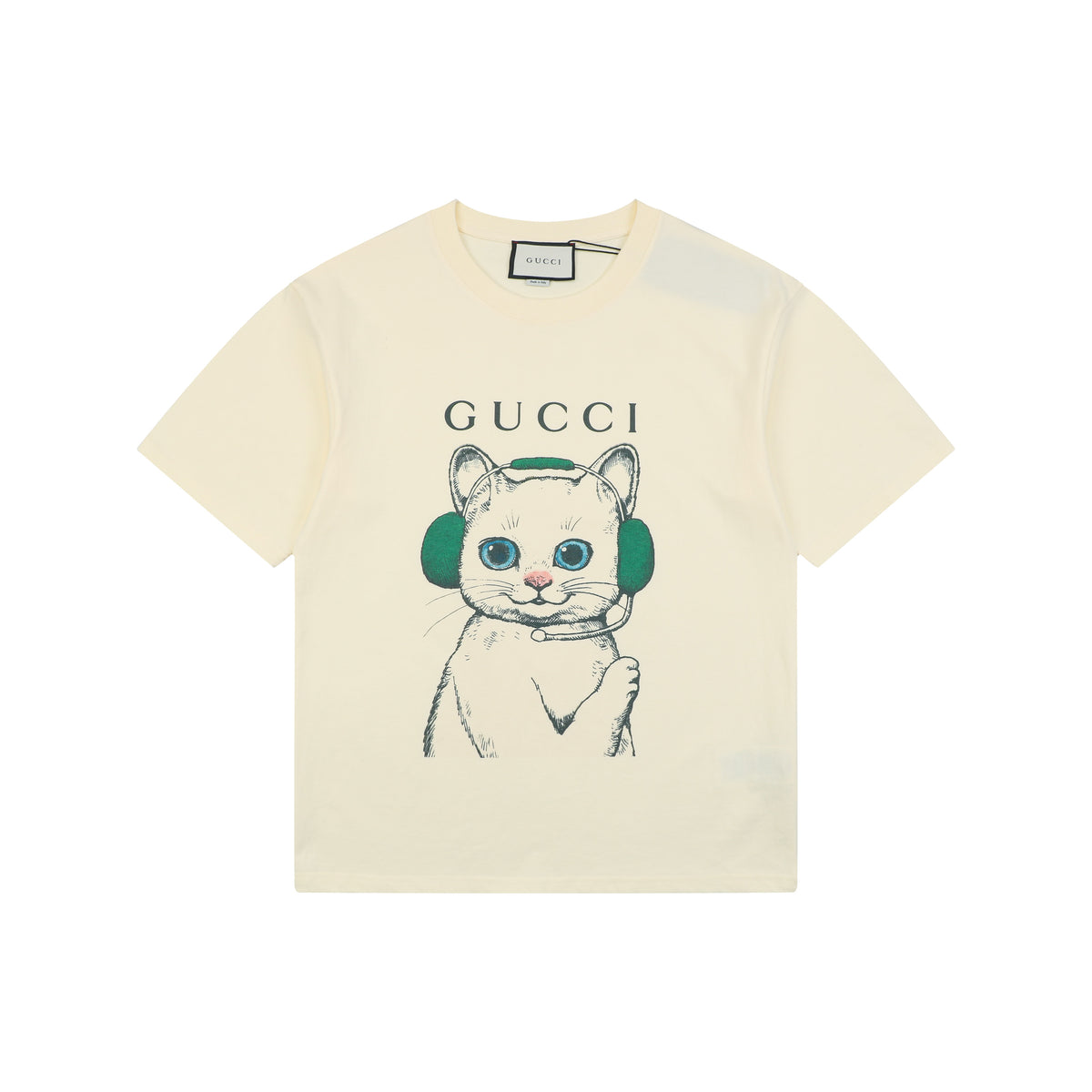 Gucci Green Headphone Cat Graphic Print Short Sleeve Tee Cream