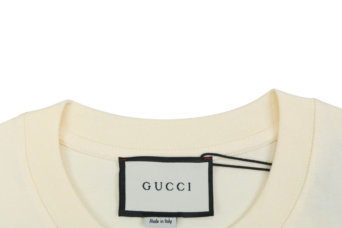 Gucci Green Headphone Cat Graphic Print Short Sleeve Tee Cream