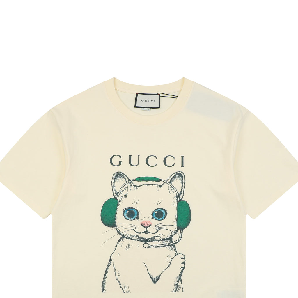 Gucci Green Headphone Cat Graphic Print Short Sleeve Tee Cream