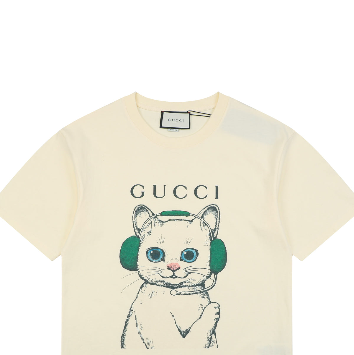 Gucci Green Headphone Cat Graphic Print Short Sleeve Tee Cream