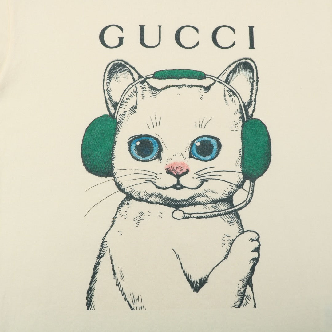 Gucci Green Headphone Cat Graphic Print Short Sleeve Tee Cream