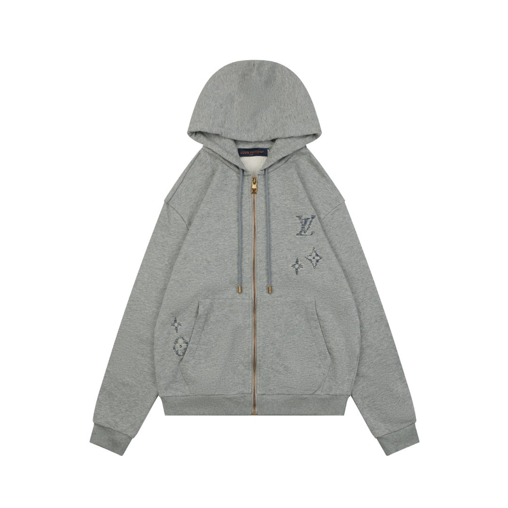 Louis Vuitton Hand-Painted Monogram Stitch Embroidery Zip Hoodie Grey