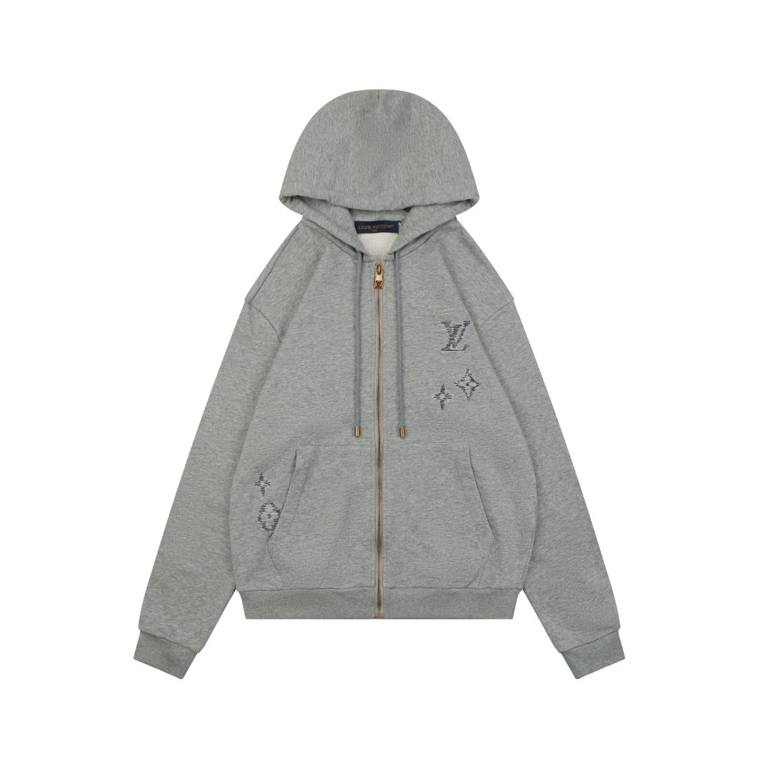 Louis Vuitton Hand-Painted Monogram Stitch Embroidery Zip Hoodie Grey