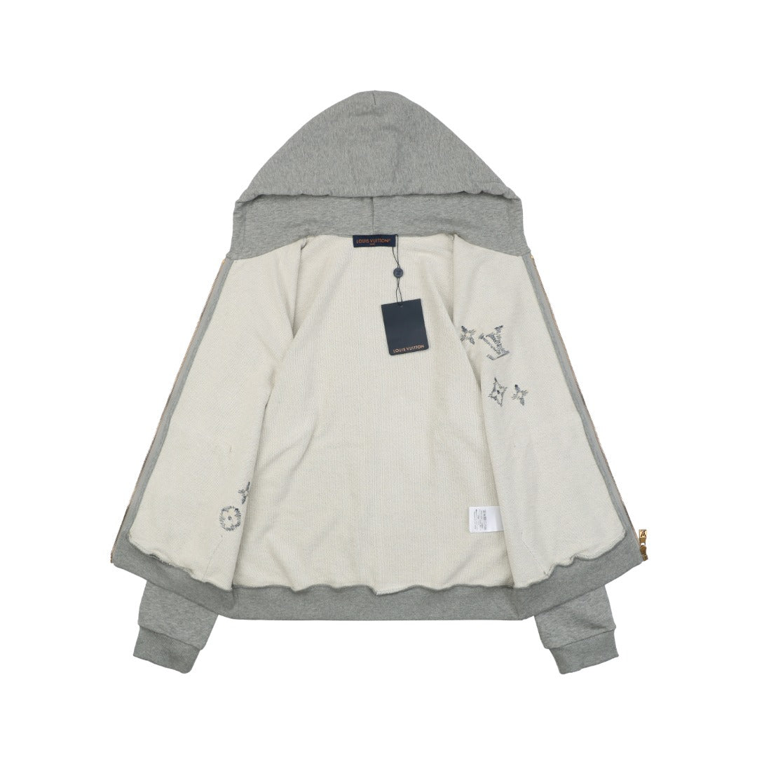 Louis Vuitton Hand-Painted Monogram Stitch Embroidery Zip Hoodie Grey